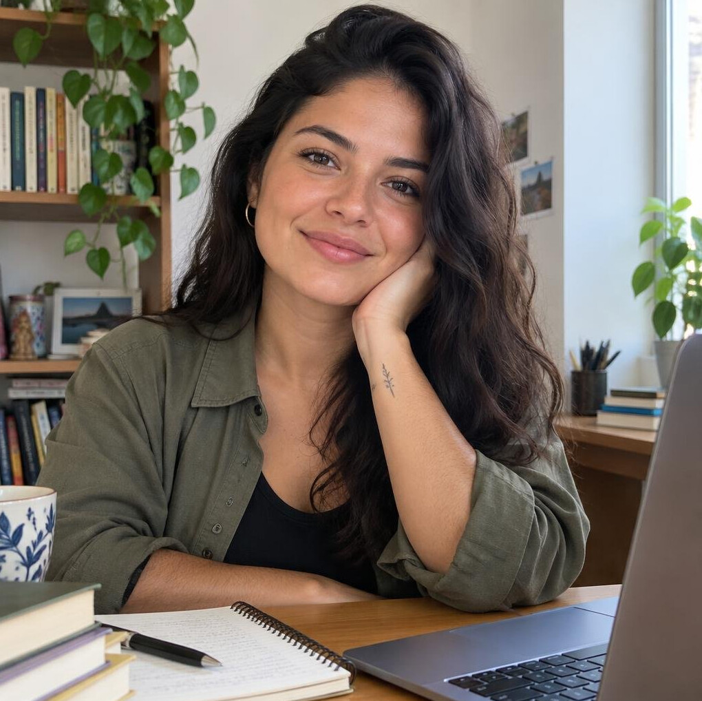 Retrato de mulher brasileira sorrindo em ambiente interno
