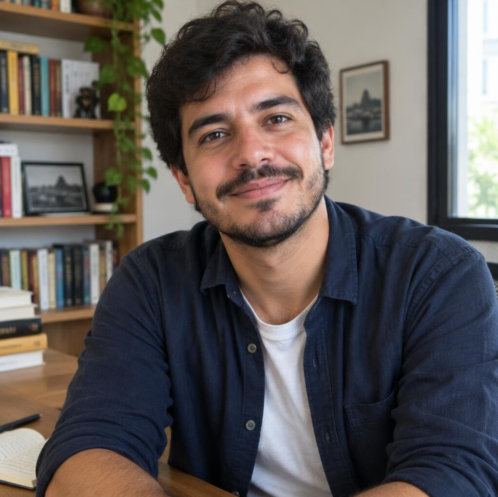 Retrato de homem brasileiro sorrindo em ambiente interno