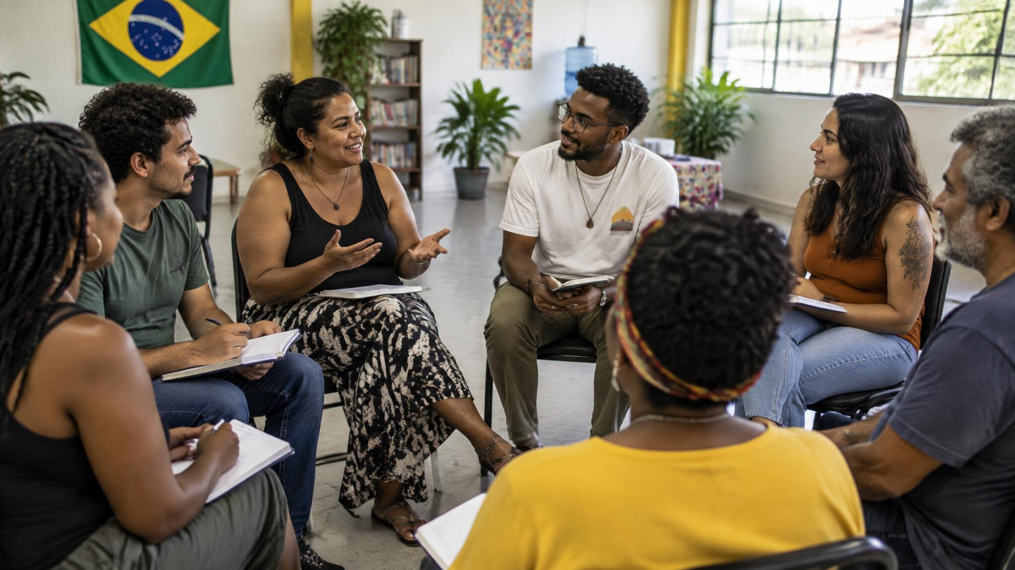 Grupo de pessoas em círculo conversando em um workshop