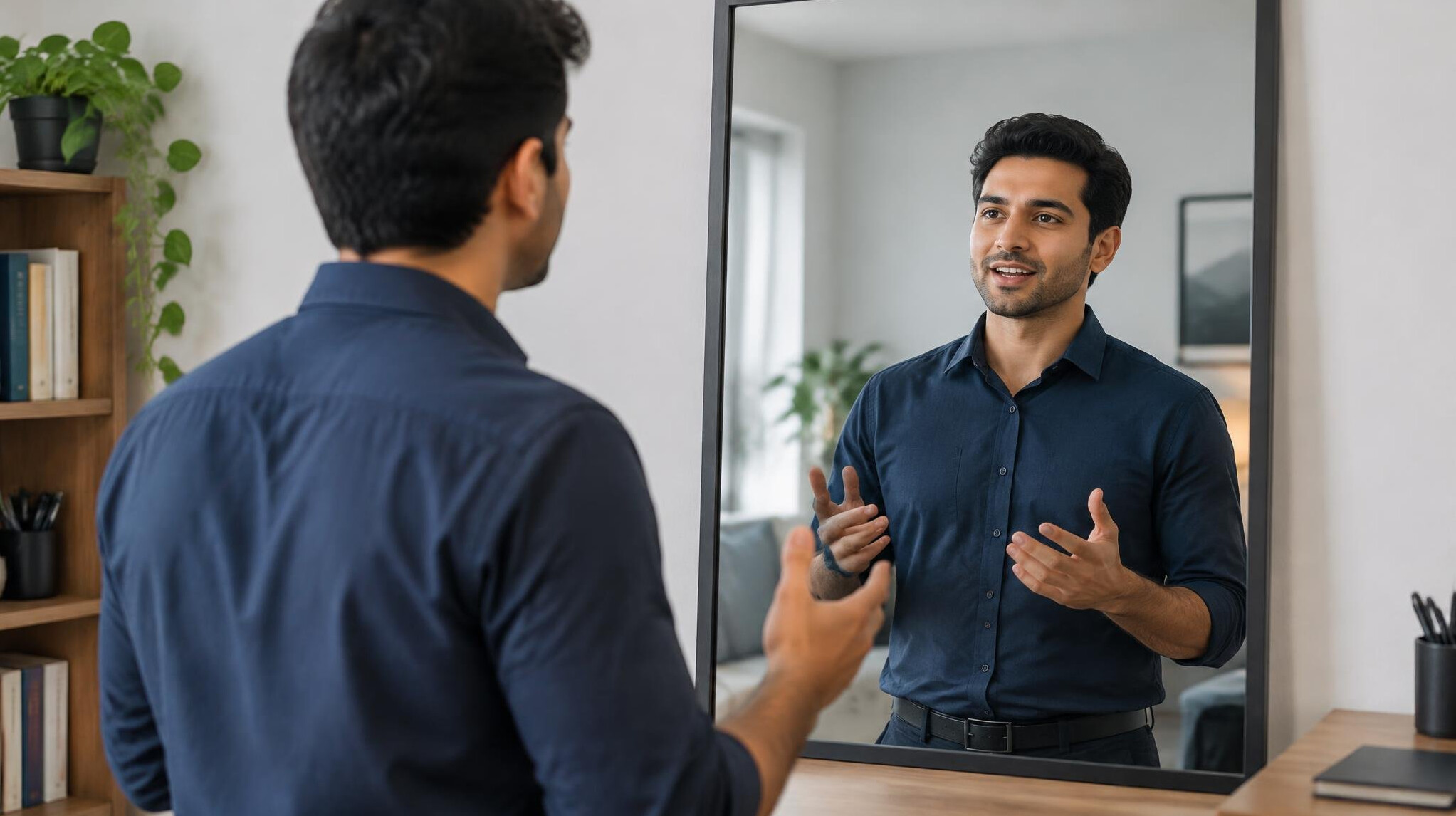 person practicing speech in mirror